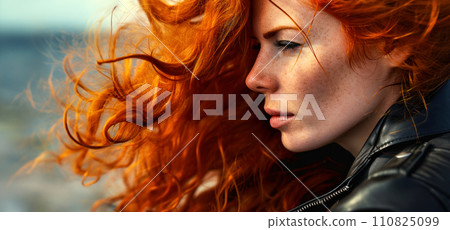 Profile portrait of an adult red-haired woman in a leather jacket, the idea of freedom and travel as a passion for new discoveries and contacts, hair care advertising Profile portrait of an adult red-haired woman in a leather jacket, the idea of freedom and travel as a passion for new discoveries and contacts, hair care advertising 110825099