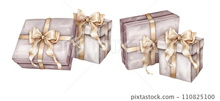New Year and Happy birthday beige gift boxes with golden bows. Watercolor hand drawing illustration on isolate white background. Realistic element fo design holidays or wedding pastel colors New Year and Happy birthday beige gift boxes with golden bows. Watercolor hand drawing illustration on isolate white background. Realistic element fo design holidays or wedding pastel colors 110825100