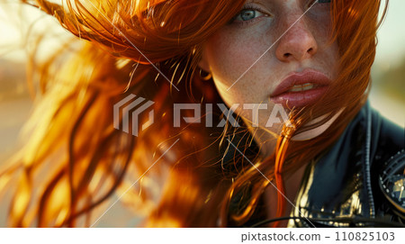 Beautiful red-haired girl, close-up, hair fluttering in the wind, hair care advertisement and idea of wanderlust, active lifestyle Beautiful red-haired girl, close-up, hair fluttering in the wind, hair care advertisement and idea of wanderlust, active lifestyle 110825103