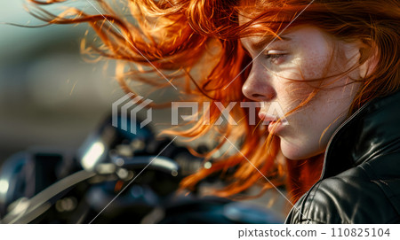 Portrait of a beautiful red-haired biker girl on a motorcycle close-up, hair fluttering in the wind, advertising hair care and the idea of wanderlust, active lifestyle Portrait of a beautiful red-haired biker girl on a motorcycle close-up, hair fluttering in the wind, advertising hair care and the idea of wanderlust, active lifestyle 110825104