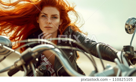 Beautiful young red-haired woman with freckled hair flying in the wind sitting on her motorcycle, healthy lifestyle and wanderlust 110825105