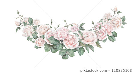 Watercolor frame illustration white cream rose and green leaves isolated on white background. Border hand painted natural plant twigs with light peach fuzz color roses rose for design postcards Watercolor frame illustration white cream rose and green leaves isolated on white background. Border hand painted natural plant twigs with light peach fuzz color roses rose for design postcards 110825108