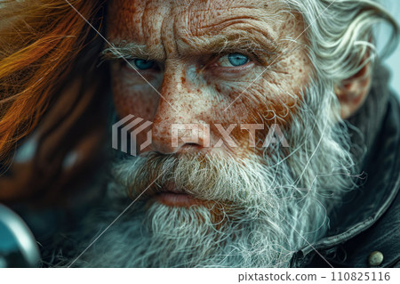 Close up portrait of serious red-haired biker with blue eyes, serious frown, wanderlust, active lifestyle 110825116