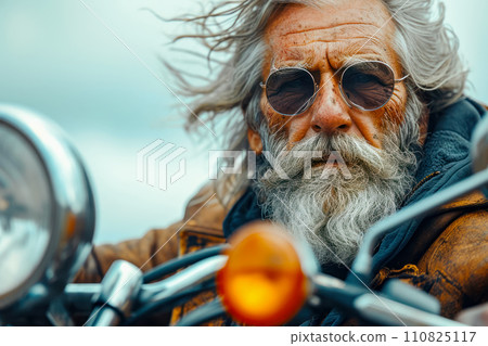 Biker driving a chopper, portrait of a senior sitting on a motorcycle, the idea of freedom and travel as a passion for new discoveries and contacts, motorcycle advertising 110825117