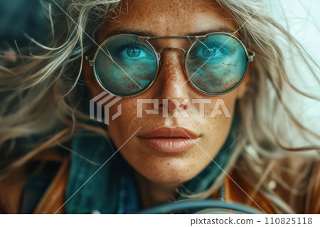 Portrait of a beautiful adult woman with freckles with sunglasses on her face with hair flying in the wind, healthy lifestyle and passion for motorcycling Portrait of a beautiful adult woman with freckles with sunglasses on her face with hair flying in the wind, healthy lifestyle and passion for motorcycling 110825118