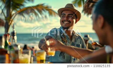 Portrait of a man wearing a straw hat while meeting friends at a resort beach bar, advertising a popular vacation spot and cruise trip Portrait of a man wearing a straw hat while meeting friends at a resort beach bar, advertising a popular vacation spot and cruise trip 110825135