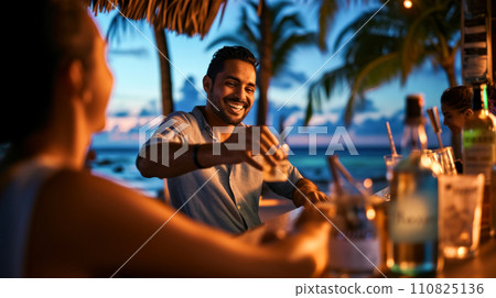 Meeting of friends in a restaurant on the beach resort, a cheerful conversation and relaxation in the evening in a bar, portrait of a young guy with a shot in his hand, advertising a weekend at sea Meeting of friends in a restaurant on the beach resort, a cheerful conversation and relaxation in the evening in a bar, portrait of a young guy with a shot in his hand, advertising a weekend at sea 110825136