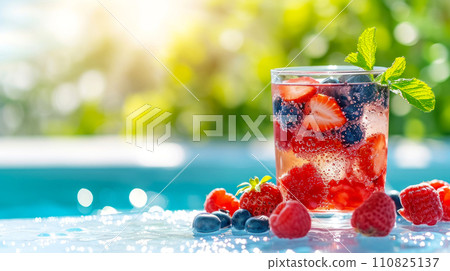 Drink with berries and ice, decorated with a mint leaf, a glass with drops of water on light table next to the pool. Cold drinks during summer holidays, background or promotional idea for bar card Drink with berries and ice, decorated with a mint leaf, a glass with drops of water on light table next to the pool. Cold drinks during summer holidays, background or promotional idea for bar card 110825137