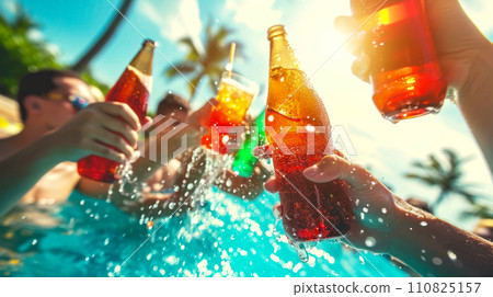 Summer party time, favorite refreshing lemonade in hand, in hands against the background of the pool during a party, concept for advertising refreshing lemonades and juices at a student pool party 110825157