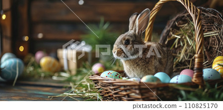 AI-generated content. Rustic Easter Bunny and Eggs Basket 110825170