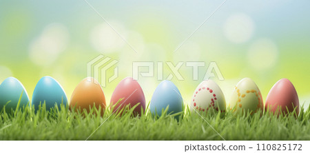 AI-generated content. Colorful Decorated Easter Eggs on Fresh Spring Grass 110825172