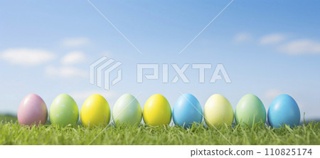 AI-generated content. Colorful Easter Eggs Lined Up on Sunny Grass 110825174
