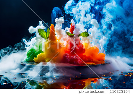 The idea of serving a dish in vegan molecular cuisine, new trends for weight loss and balanced nutrition, new unexpected experiences and food combinations, bright and rich colors 110825194