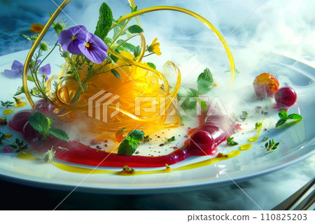 The concept of serving a dish decorated with edible flowers, the idea of molecular progressive vegetarian cuisine to create dishes, steam rising from the plate, new trends and unexpected combinations 110825203