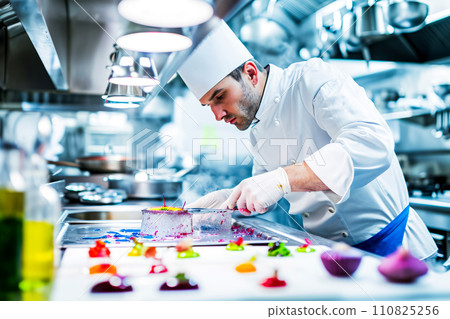 Portrait of a chef preparing molecular cuisine dishes, unexpected combinations of products that cause amazement, cafe advertising concept 110825256