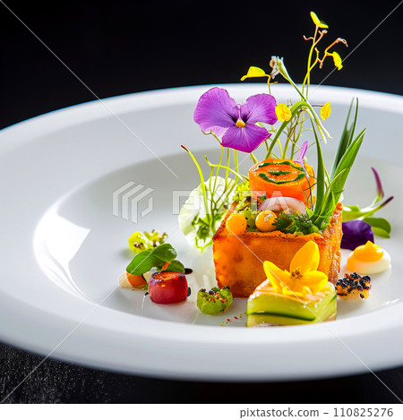 Photo of a molecular vegan cuisine dish in a white plate on a table in a local cafe, new avant-garde cuisine Photo of a molecular vegan cuisine dish in a white plate on a table in a local cafe, new avant-garde cuisine 110825276