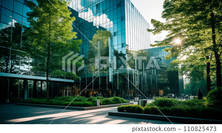 AI-generated content. Modern hotel or glass office building with beautiful garden outside, Eco friendly building in the modern city. 110825473