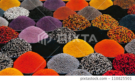 AI-generated content. many plates with colored grains 110825501