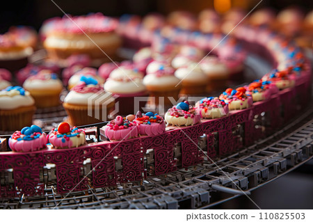 AI-generated content. conveyor belt with many cakes on it 110825503