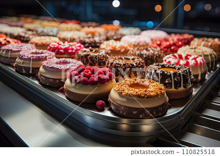 AI-generated content. conveyor belt with many cakes on it 110825518