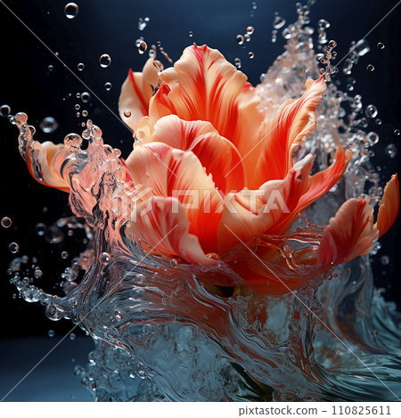 Spring flower for Valentine's Day. A beautiful white-pink tulip flower of an unusual shape in splashes and drops of water. Love floral background. 110825611