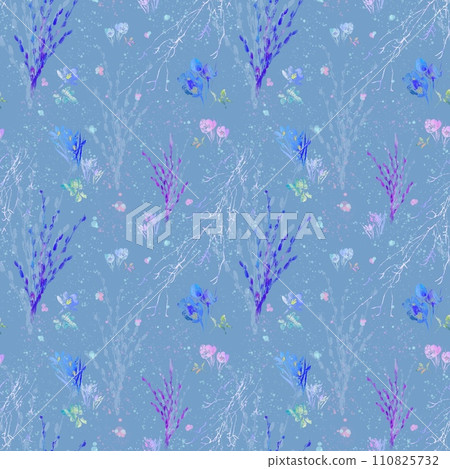 Palm Sunday pattern. Spring theme. Crocuses, willow branches, leaves, splashes on blue background. Looks good on textyle, kitchen towels. wrapping paper, scrapbooking. 110825732