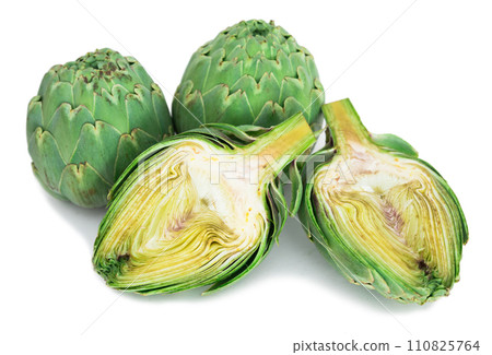 Green artichokes on white background Green artichokes on white background 110825764