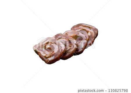 Delicious meatloaf with lard, salt, spices and herbs cut into slices 110825798