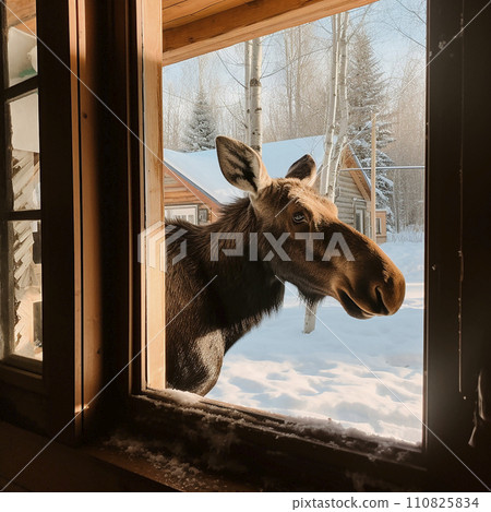 A wild elk looks into the window of a house, a photo of the head of a wild animal from the window, nature enters the house A wild elk looks into the window of a house, a photo of the head of a wild animal from the window, nature enters the house 110825834