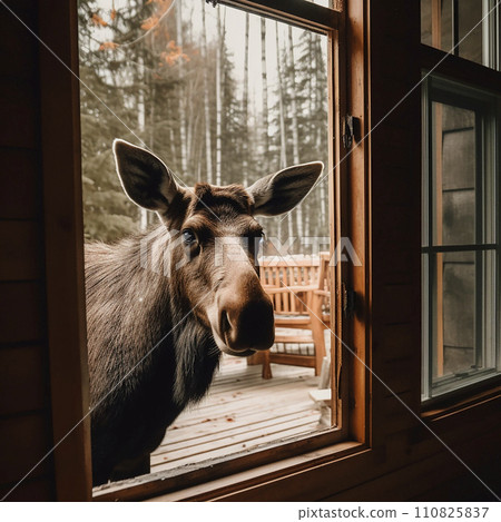 A wild elk looks into the window of a house, a photo of the head of a wild animal from the window, nature enters the house A wild elk looks into the window of a house, a photo of the head of a wild animal from the window, nature enters the house 110825837