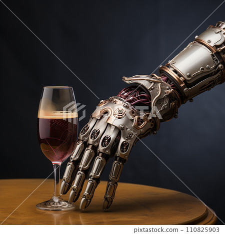 Metal mechanical hand and glass of wine, unusual composition, bionics Metal mechanical hand and glass of wine, unusual composition, bionics 110825903