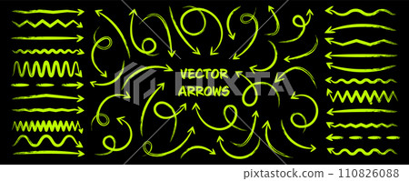 Grunge hand drawn arrows, highlighter lines. Marker stroke, brush pen drawn underline. Handwritten text pointers, notes, marks. Vector illustration 110826088