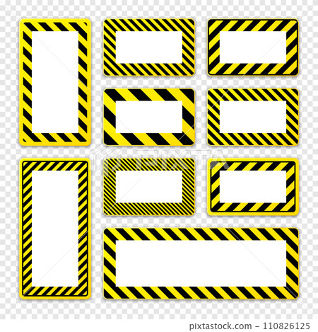 Various blank warning signs with diagonal lines. Red attention, danger or caution sign, construction site signage. Realistic notice signboard, warning banner, road shield. Vector illustration 110826125