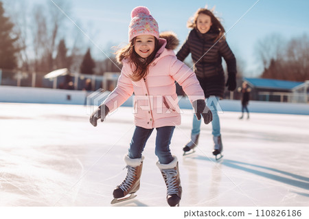 AI-generated content. Happy mother and daughter having fun and skating on outdoor skating rink 110826186