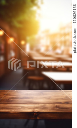 AI-generated content. Blurred Street cafe tables. Empty tabletop on blurred vertical city background 110826188