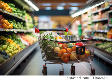 AI-generated content. Full shopping cart with fruits and vegetables inside supermarket, healthy food and grocery shopping concept 110826189