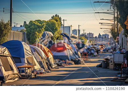 AI-generated content. Homeless tent camp and garbage along the road in a modern city 110826190