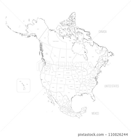 Political map of North American countries Canada, United States of America and Mexico with administrative divisions. Thin black outline map with countries and states name labels. Vector illustration 110826244