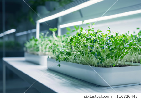 AI-generated content. Fresh microgreens growing in planter, illuminated by a grow light 110826443