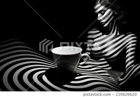 AI-generated content. black and white studio shot of woman lying and drinking coffee, stylish striped dark shot with shadows, female drink espresso 110826620