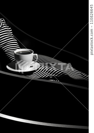 AI-generated content. black and white studio shot of woman lying and drinking coffee, stylish striped dark shot with shadows, female drink espresso 110826645