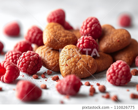 AI-generated content. Tasty Yummy Homemade Sweet Cookies. Chocolate and Raspberry Heart Shape Pastry Dessert. Food Photo Background. Valentine's Day Composition. 110826775