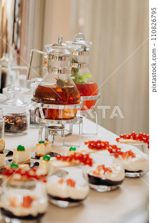 Dessert buffet with delicious sweet bakery and coffee-snack with stylish banks of lemonade and tea 110826795