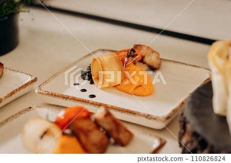 Assortment of delicious snacks on the open buffet festive table in restaurant. Catering plate Assortment of delicious snacks on the open buffet festive table in restaurant. Catering plate 110826824