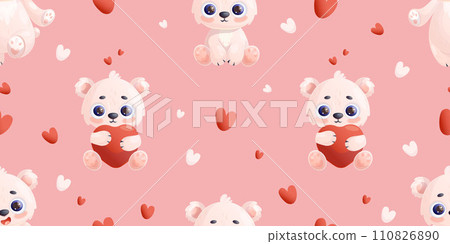 Romantic seamless pattern with white polar bear with hearts on pink background. Vector illustration valentine backdrop in cartoon style for design, wallpaper, packaging, textile. 110826890