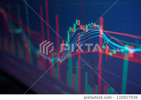 shares graphs and charts on computer screens in modern home office. Closeup of computer monitor with investment graph and trading platform on screen 110827036