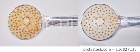 Detail cropped shot of unrecognizable man in protective gloves cleaning calcified shower head using small brush ruff before and after 110827133