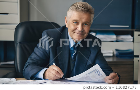 AI-generated content. businessman, face of a blue-eyed gray-haired man, business concept, man smiling, head office employee, friendly employer, businessman sitting at his desk, gray-haired handsome 110827175