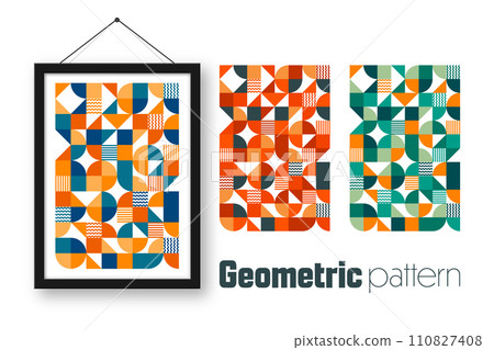 Picture frame with geometric trendy pattern, Bauhaus style. Modern background, simple elements. Retro texture, basic geometric shapes. Print design, minimalist poster cover. Vector illustration 110827408