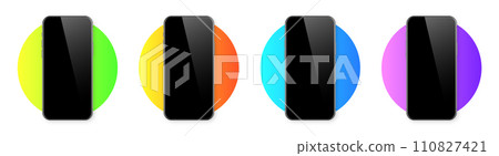 Realistic smartphone with blank touch screen on colorful background. Frameless mobile phone in front view. High quality detailed device mockup. Vector illustration Realistic smartphone with blank touch screen on colorful background. Frameless mobile phone in front view. High quality detailed device mockup. Vector illustration 110827421